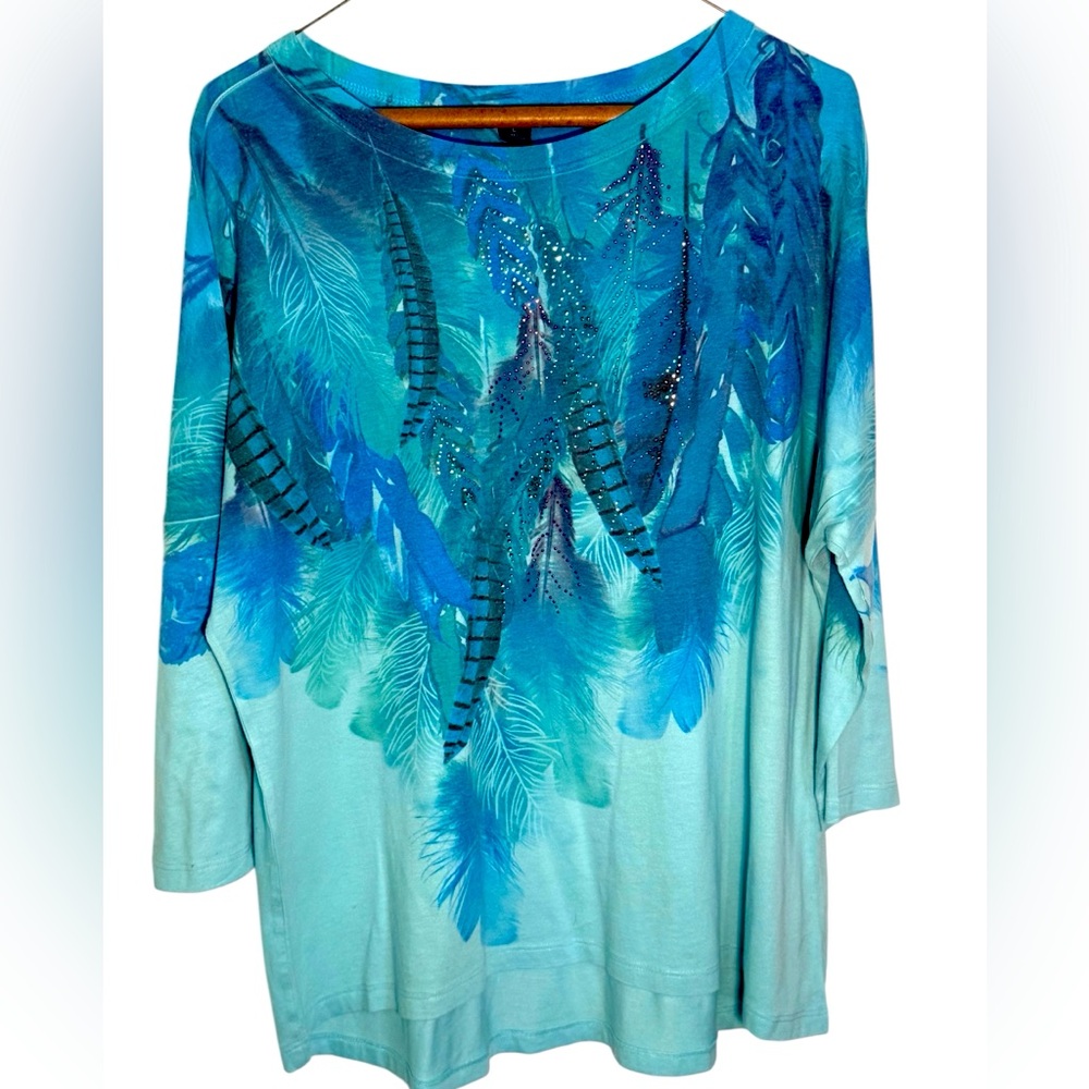 Westbound Blue Feather Print Women's Top size L - Picture 2 of 11
